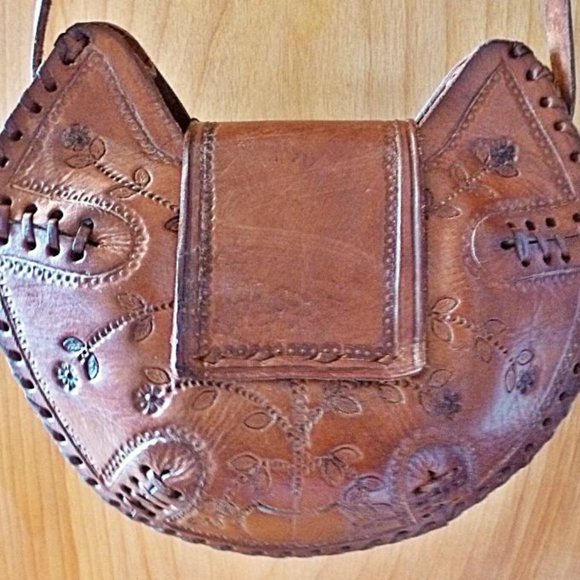 Hand Crafted Tooled Leather Shoulder Bag in Unique Hexagon Shape - Picture 2 of 15